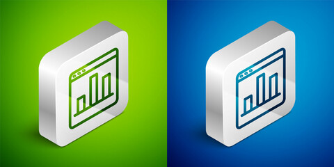 Isometric line Graph, chart, diagram, infographic icon isolated on green and blue background. Silver square button. Vector
