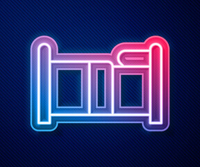 Glowing neon line Bed icon isolated on blue background. Vector
