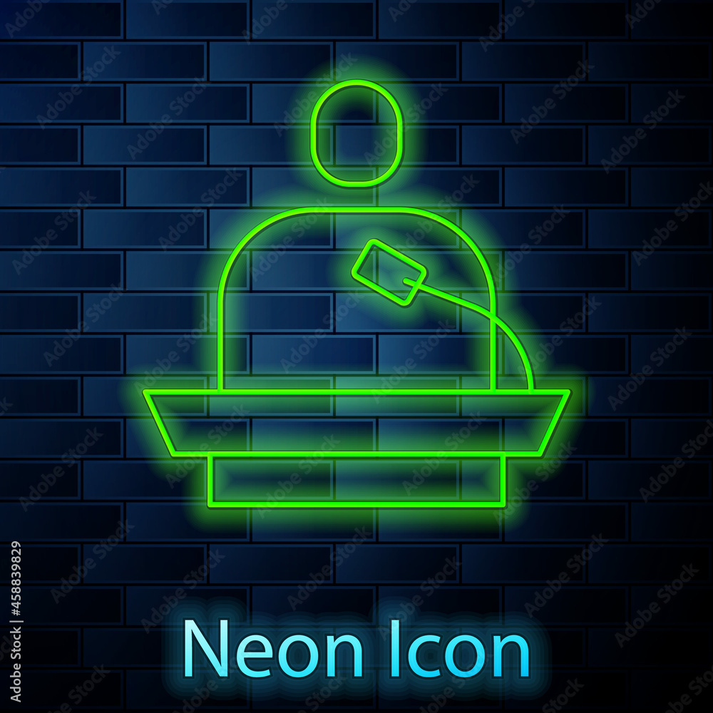 Poster glowing neon line gives lecture icon isolated on brick wall background. stand near podium. speak int
