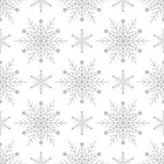 Seamless pattern with silver snowflakes on white background. Festive winter traditional decoration for New Year, Christmas, holidays and design. Ornament of simple line repeat snow flake