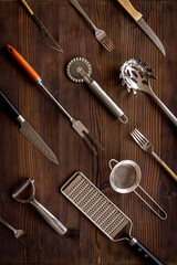 Kitchen utensils and cookware - cooking background, top view