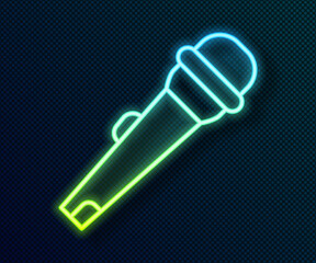 Glowing neon line Microphone icon isolated on black background. On air radio mic microphone. Speaker sign. Vector