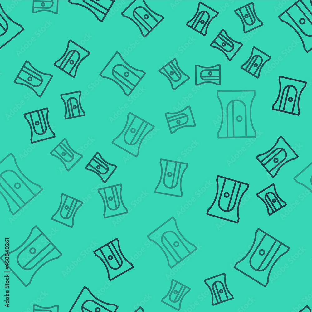 Poster Black line Pencil sharpener icon isolated seamless pattern on green background. Vector