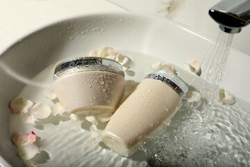 Hair care cosmetic products with flower petals and water in sink