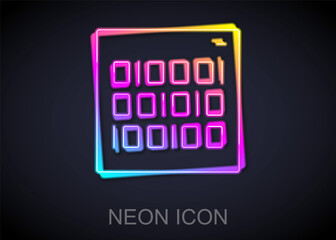 Glowing neon line Binary code icon isolated on black background. Vector
