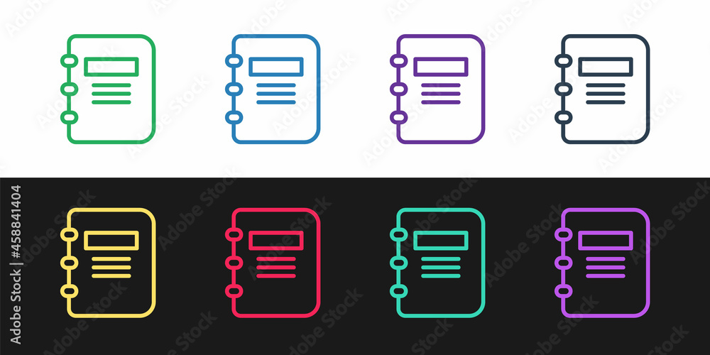 Poster set line notebook icon isolated on black and white background. spiral notepad icon. school notebook.