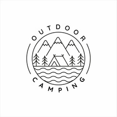 camping logo line art simple minimalist vector illustration template icon design. adventure and wanderlust symbol for activity outdoor summer camp with badge concept
