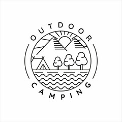 camping logo line art simple minimalist vector illustration template icon design. adventure and wanderlust symbol for activity outdoor summer camp with badge concept