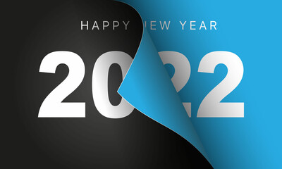 Happy New Year 2022 winter holiday greeting card design template. End of 2021 and beginning of 2022. The concept of the beginning of the New Year. The calendar page turns over and the new year begins. - obrazy, fototapety, plakaty