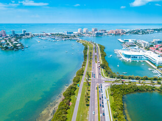 Beach Road. Panorama Aerial view on Clearwater Beach FL. Ocean or shore Gulf of Mexico. Spring break or Summer vacations in Florida. Hotels, restaurants and Resorts. United States of America