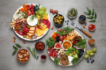 Set of different delicious appetizers served on light grey table, flat lay