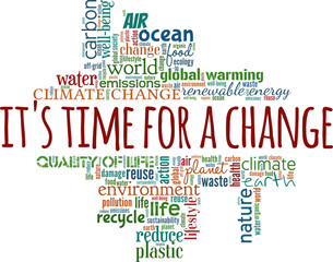 It's time for a change - ecology and climate change awareness vector illustration word cloud isolated on white background.