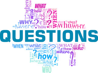 Questions - who, where, when, why etc. vector illustration word cloud isolated on white background.