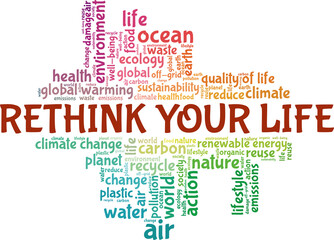 Rethink your life - ecology and environment awareness vector illustration word cloud isolated on white background.