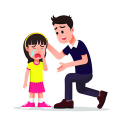 father comforts his crying daughter