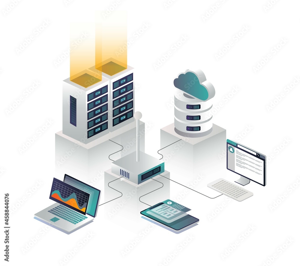 Fototapete flat isometric vector illustration cloud connection to a router and cloud server