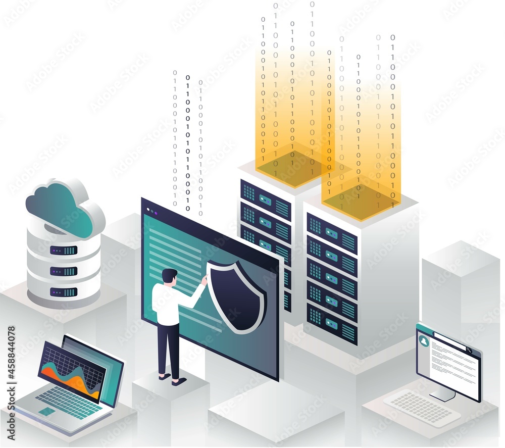 Aufkleber flat isometric vector illustration programmer secure cloud server data