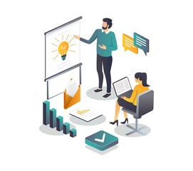 flat isometric illustration concepts, project implementation and team work or methods and solutions - obrazy, fototapety, plakaty