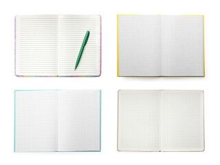 Set of open planners with blank pages on white background, top view