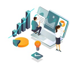 Obraz na płótnie Canvas flat isometric illustration concepts, publish digital reports in real-time and analyze data