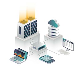 flat isometric vector illustration Cloud connection to a router and cloud server - obrazy, fototapety, plakaty