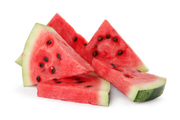 Slices of delicious ripe watermelon on white background