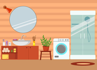 Bathroom interior illustration. Bath with shower, sink, washing accessories, mirror. Vector illustration. For use in brochures, covers, flyers, promotional prints, hotels and homes.