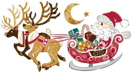 走るトナカイ　そりに乗ったサンタクロース