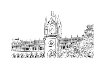 Building view with landmark of Kolkata is the 
city in India. Hand drawn sketch illustration in vector.