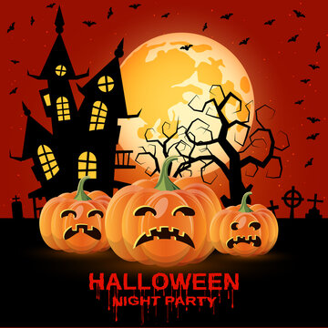 Halloween night vector background with pumpkins, dead tree and cemetery