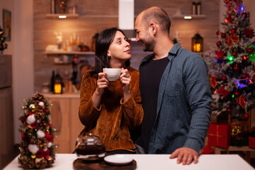 Portrait of smiling couple looking into camera while celebrating christmas holiday in xmas decorated kitchen during winter season. Cheerful family enjoying spending wintertime together