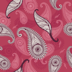 Vector illustration of seamless paisley pattern on pink background