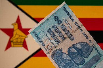 One hundred trillion Zimbabwean dollar bill, the largest at face value of all official notes in the...