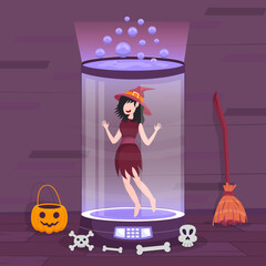 Happy Halloween banner or greeting card concept with witch woman in a glass tube.