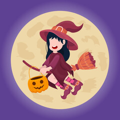 Happy Halloween banner or greeting card concept with little witch flying over the moon.