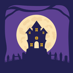 Happy Halloween banner or greeting card concept with house and moon.