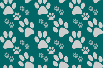 Seamless gray dog or cat footprints wallpaper with cyan color background, cute pattern for pet lovers, fashion fabric pattern and animal lovers product pattern in cartoon style.