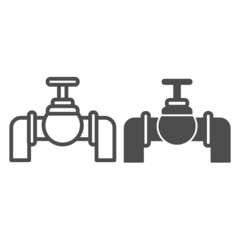 Oil pipeline with tap, pipe fitting, plumbing line and solid icon, oil industry concept, tube vector sign on white background, outline style icon for mobile concept and web design. Vector graphics.