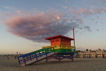 Lifeguard tower painted in rainbow colors in honor of the LGBT community.