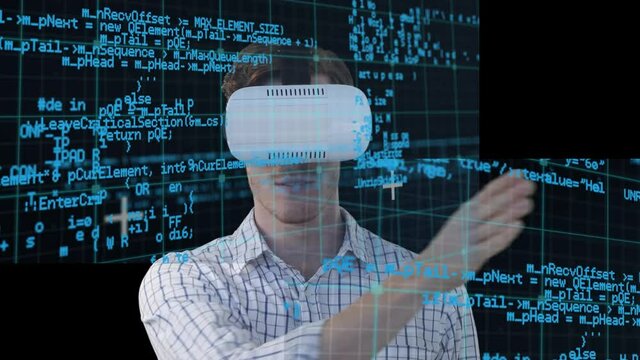 Animation of data processing over man wearing vr headset on black background