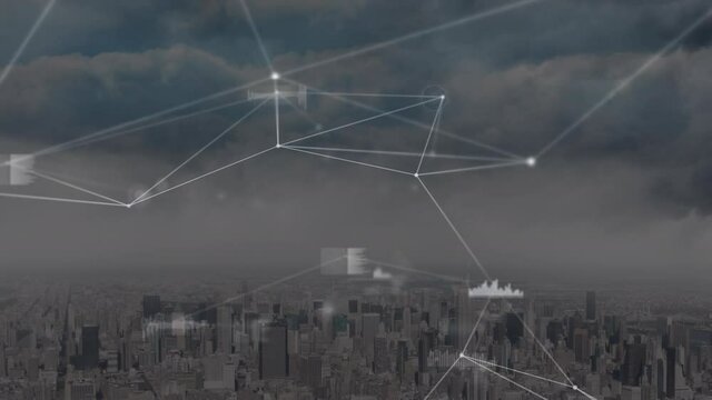 Animation of network of connections and data processing over cityscape