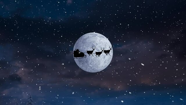 Animation of snow falling over santa claus in sleigh with reindeer and moon