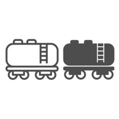 Railroad gasoline and oil tank car line and solid icon, oil industry concept, fuel tanker truck vector sign on white background, outline style icon for mobile concept and web design. Vector graphics.