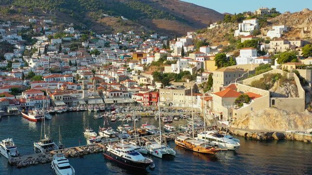 Aerial view of Hydra old town and marina or seaport, Greece - drone videography