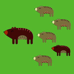 Cute animals bears happy family, with father and children, sons and one daughter on green isolated background, vector illustration.