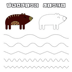 Trace line worksheet with animals bear for kids, practicing fine motor skills.  Educational game for preschool children. 