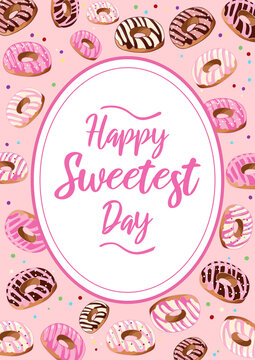 Vintage Vector illustration. Oval frame with donuts on a pink background. Happy Sweetest Day. Template for posters, postcards, cards, banners, packaging, menu.