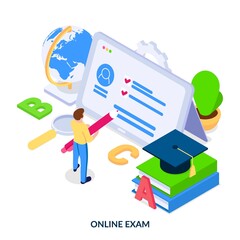 Online exam concept. Man with pen in his hands stands in front of a tablet with test. Isometric vector illustration on white background.