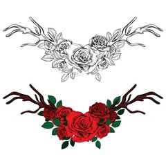 Vintage roses. Set of gothic tattoos. Collection of graphic and color isolated vector illustrations.