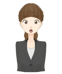 困り顔で話すスーツを着た女性